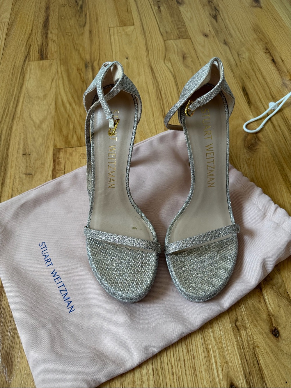 Stuart Weitzman Glittery Silver Ankle-Strap Sandals